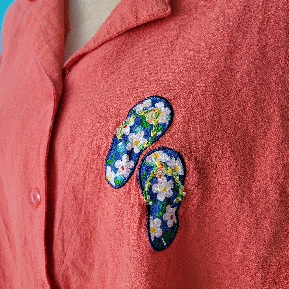 Camp Shirt Jane Ashley Women's 2x Flip Flops Coral Embellished